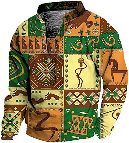 2023 Yeni Erkek Düğme Uzun Kollu Renkli T Shirt Açık Tribal Desen Tribal Üst Erkek Tunik Uzunluk Tee Gömlek