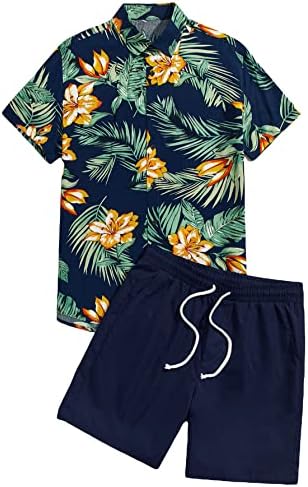 Verdusa erkek 2 Parça Kıyafet Tropikal Baskı havai gömleği ve Kısa Takım Elbise Setleri