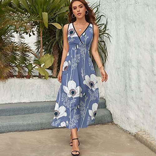 Elle Çizilmiş Anemon Çiçekler kadın Kolsuz Elbiseler Rahat V Yaka Maxi uzun elbise Tankı Elbise Sundress Plaj Elbise