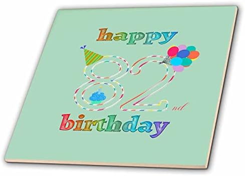 3dRose 82. Doğum Günün Kutlu Olsun, Mumlu Kek, Balonlar, Şapka, Renkli Fayanslar (ct_352184_1)