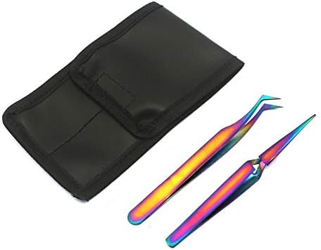 OdontoMed2011 2 Set Paslanmaz Çelik Çok Titanyum Gökkuşağı Rengi 3D Kirpik Uzatma Cımbız Yarı Açılı + X Tipi Kendinden