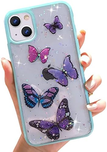 wzjgzdly Kelebek Bling Şeffaf Kılıf iPhone 13 ile uyumlu, Kadınlar için Glitter Kılıf Sevimli İnce Yumuşak Kaymaz
