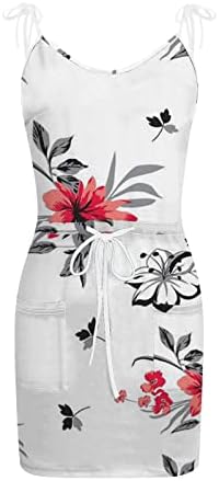 ıQKA Kadın Cami Elbise Spagetti Kayışı Kısa Mini Sundress Çiçek Baskı V Boyun Kravat Bel Rahat Plaj Sling Elbiseler