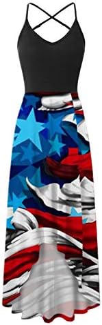4th Temmuz Maxi Elbise Kadınlar için Yaz Casual Boho Elbise ABD Bayrağı Scoop Boyun Cami Kolsuz Yıldız Çizgili Yensiz