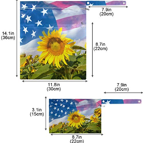 visesunny Amerikan Bayrağı ayçiçeği 2 adet fermuarlı cepli ıslak çanta Yıkanabilir kullanımlık Seyahat için geniş,