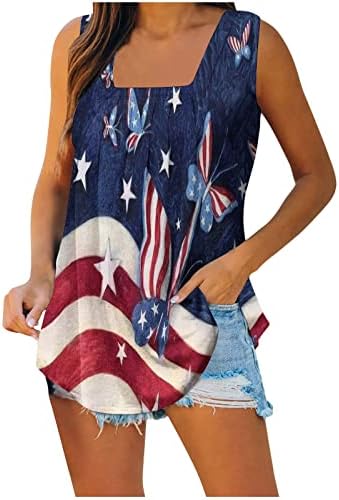 PIMOXV 4th Temmuz Tankı Üstleri Kadınlar için Kolsuz Kare Boyun T-Shirt Casual Gevşek Pilili Üstleri 3D Amerikan Bayrağı