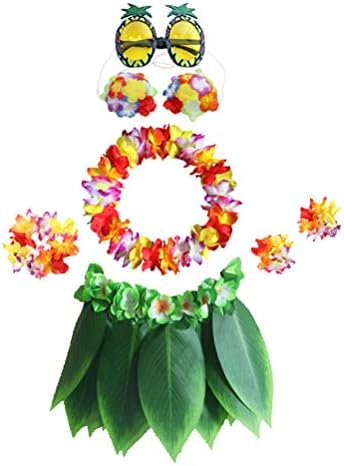 Amosfun 7 adet 1 Takım Hawaiian Luau Parti Ananas Gözlük Renkli Kostüm Seti Yapay Yaprak Çim Etek Parti Bilezikler