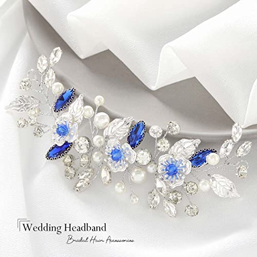 Brıshow Gelin Düğün Saç Vine Gümüş Çiçek Gelin Başlığı Mavi Rhinestone İnci Saç Aksesuarları Saç Parçası Kadınlar