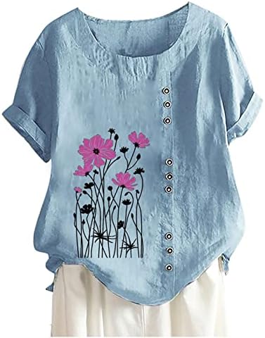 Pamuk Keten yazlık gömlek Kadınlar için Rahat Nefes Bahar Üstleri Kısa Kollu Crewneck Düğmeler Babydoll Tunik Bluz