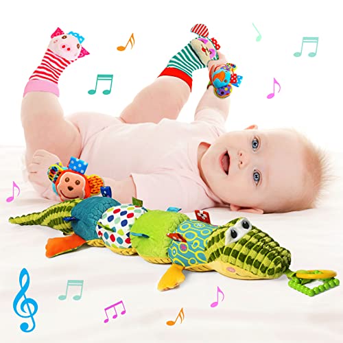 5 ADET Bebek Çıngıraklar Oyuncak Seti, 4 Adet Bebek Bilek Çorap Çıngıraklar ve 1 Adet Bebek Müzikal Timsah Oyuncak,