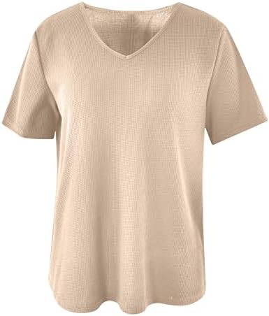 Artı Boyutu Üstleri Kadın V Boyun Waffle Örgü Tunik Gömlek Yaz Rahat Kısa Kollu Bluz Düz Renk Gevşek Bluz