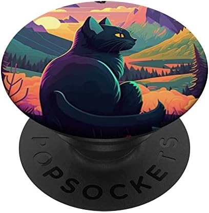 Mistik Cadı Kawaii Kedi Aşığı Dağ Manzarası Meditasyon PopSockets Değiştirilebilir PopGrip