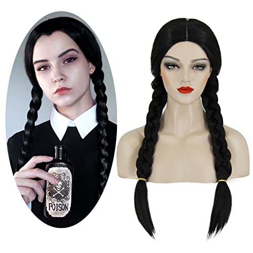 Ruına Çarşamba Addams Peruk Kadın Kızlar Uzun Siyah Örgülü Peruk Çarşamba Addams Kostüm Sevimli Doğal Yumuşak Saç