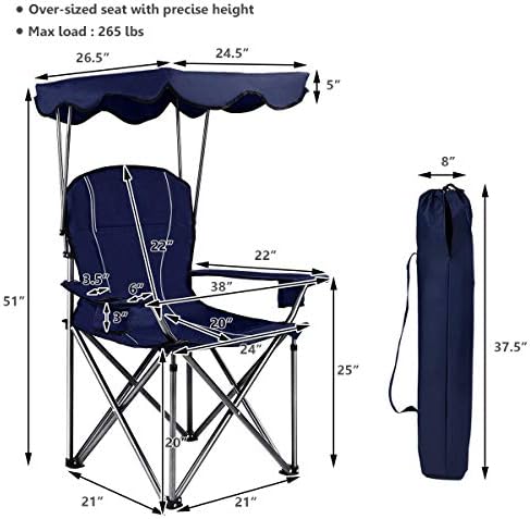 GYMAX kamp sandalyesi, Katlanır Açık Çim Sandalye Gölgelik, Taşıma Çantası ve Bardak Tutucu, Taşınabilir Ağır kamp