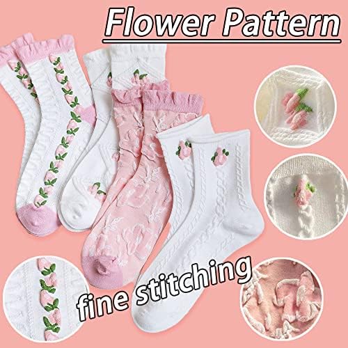 CHUNFO Sevimli Pembe Beyaz Flora Kadın Ayak Bileği Çorap Şerit Marul Trim Örme Rahat Işlemeli Kız Çorap Hediye 4 ve