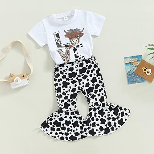 Emmababy Inek Baskı Çan Dipleri Kıyafet Toddler Kız Kısa Kollu Mektup Baskı T-Shirt Çiçek Flare Pantolon Bebek yaz