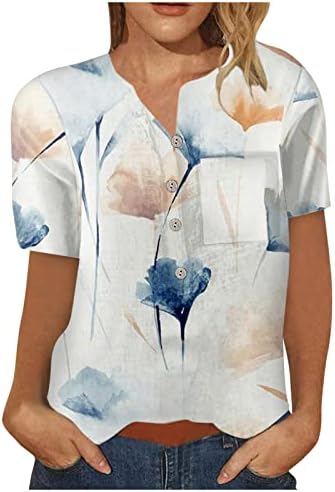 Kadınlar için keten Üstleri Gevşek Düğme Aşağı Göğüs Cebi Çentik Boyun T Gömlek Casual Kısa Kollu Çiçek Baskılı Bluzlar