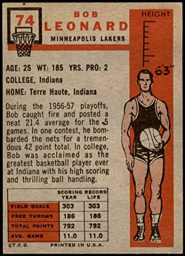 1957 Topps 74 Bob Leonard Minneapolis Lakers (Basketbol Kartı) - Lakers Indiana