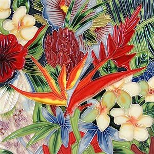 Tropikal Çiçek Aranjmanı Dekoratif Seramik Duvar Sanatı Karosu 4x4