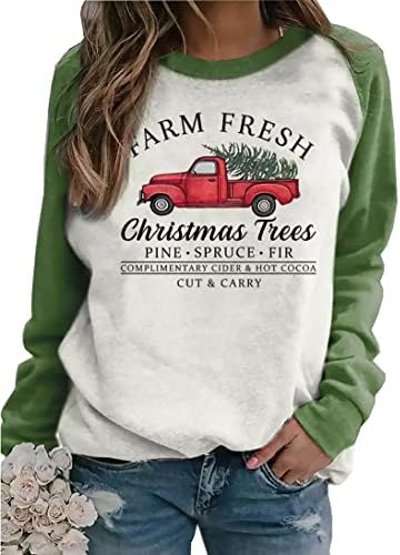Çiftlik Taze Noel Ağaçları Uzun Kollu Kazak Gömlek Kadınlar için Merry Christmas Ekleme Ekose Raglan Kazak Gömlek