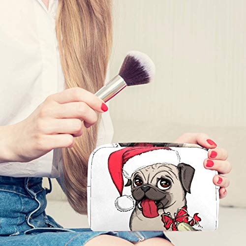 LEVEIS Noel Şapka Yavru Köpek ve Çan Kırmızı Yay ile Küçük Makyaj Çantası Kılıfı Çanta Seyahat Kozmetik Çantası Taşınabilir