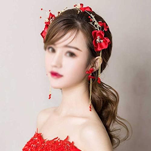 WENLII Moda 3 adet/takım Kırmızı Inci çiçekli saç bantları Kadınlar ıçin Gelin Püsküller Tiara Hairband Çin Düğün