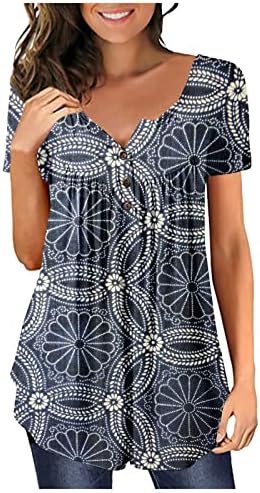 Kadın Düğme Henley Rahat Artı Boyutu Tunik Üstleri Çiçek Baskılı V Boyun Kısa Kollu Pilili T Shirt Dökümlü Bluzlar