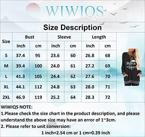 WIWIQS kadın Mama Ayı Mektup Baskı Uzun Kollu Kazak Tişörtü Renk Blok Ekip Boyun Bluz Cepler ile