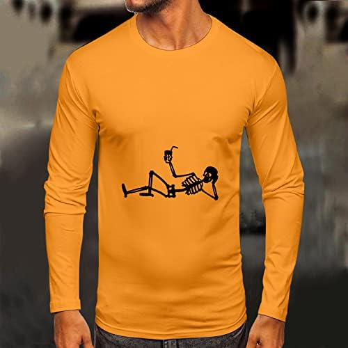 XXBR Erkek Cadılar Bayramı Tee Tops Komik İskelet Baskı Uzun Kollu T Gömlek Slim Fit Kas Parti Rahat Crewneck T-Shirt