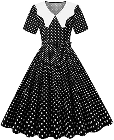 50s Çorap Hop Elbiseler Kadınlar için 2023 Vintage Yaka Boyun Kısa Kollu Elbise Polka Dot Kravat Bel A-Line Elbiseler