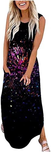 Fragarn Yaz Maxi Elbise, Kadın Rahat Gevşek Düz Renk Cep uzun elbise Kolsuz Bölünmüş Maxi Elbiseler