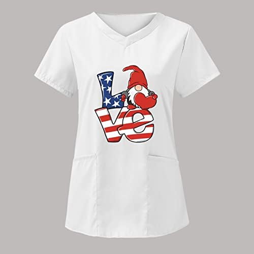 4th Temmuz Kadınlar için Tops Amerikan Bayrağı Yaz Kısa Kollu V Boyun Tees 2 Cepler Bluz Üst Tatil Rahat İş Giysisi