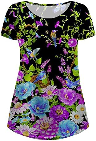 2023 Bayan Çiçek Tunik Üstleri Kısa Kollu V Boyun yazlık gömlek Kısa Kollu Düğmeli T-Shirt Flowy Pleats Tee Bluzlar