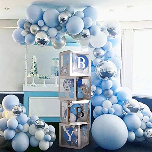 Erkek Bebek Duş Süslemeleri, Gümüş Şeffaf Kutular 1. Doğum Günü partisi için 45 Adet Bebek Mavisi Gümüş Gri Balon,