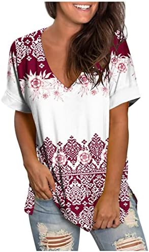 Bayan V Boyun T Shirt, bayanlar Çiçek Baskılı Yaz Üstleri Moda Kısa Kollu Tişörtleri Rahat Yan Bölünmüş Tunik Bluzlar