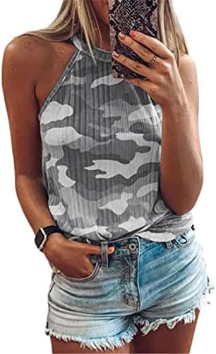 Andongnywell Bayan Kamuflaj Tankı Üstleri Kadınlar için Halter Tankları Kaşkorse Ekip Boyun Kolsuz Gömlek Bluz