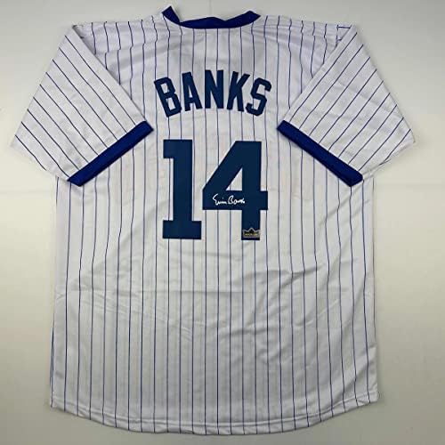 Faks İmzalı Ernie Banks Chicago İnce Çizgili Yeniden Yazdırma Lazer Otomatik beyzbol Forması Boyutu erkek XL