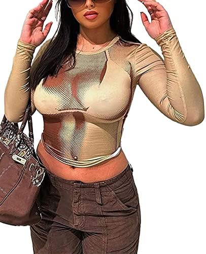 Molisry kadın 3D Vücut Baskı Kırpma Üst y2k Ekip Boyun T-Shirt Uzun Kollu Hipster Tee Üst Gömme Bluz Üst Yaz