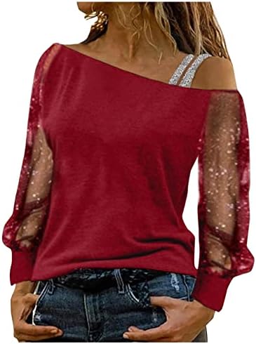 Seksi Örgü Uzun Kollu Soğuk Omuz T Shirt Kadınlar için Pullu Baskı Tunik Gömlek Şık Rahat Asimetrik Çiğ Omuz