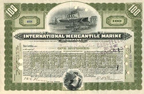 Francis I. DuPont-Co. tarafından imzalanan Uluslararası Ticari Denizcilik. bu Titanik Hisse Senedi Sertifikasını Yaptı