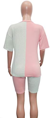 Kısa Setleri Kadınlar 2 Parça Kıyafetler, Renk Bloğu Kısa Kollu tişört ve Biker Şort eşofman takımı