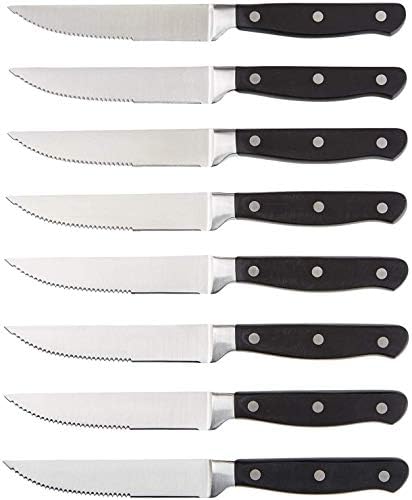 Temelleri Premium 8 Parçalı Mutfak biftek bıçağı Seti, Yuvarlak Kenarlı Siyah ve Paslanmaz Çelik Yemek Kaşıkları,