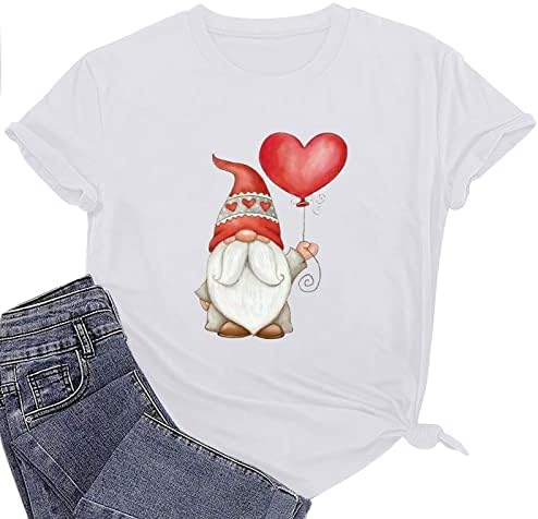 Sevgililer Günü T-Shirt Kadınlar için Kısa Kollu Sevimli Cüceler Kalp Baskı Tees Gömlek O-Boyun Dışarı Çıkmak Gömlek