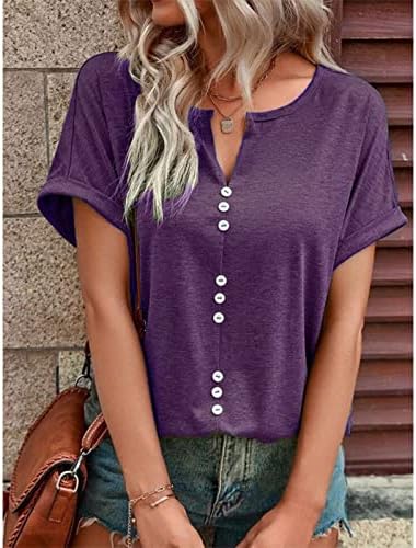 Üst Tshirt Bayanlar Yaz Sonbahar Kısa Kollu Elbise Moda Y2K V Boyun Pamuk Düğme Aşağı Düz Bluz 3P 3P