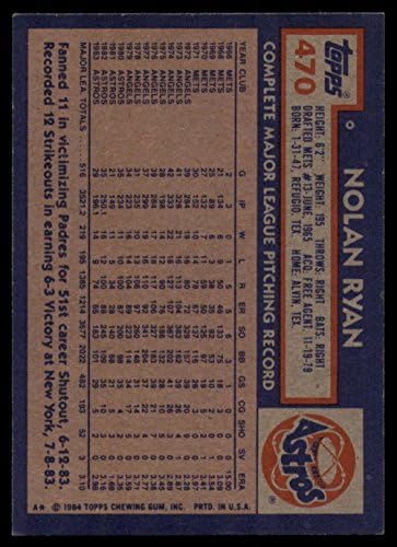 1984 Topps Beyzbol 470 Nolan Ryan Houston Astros Resmi MLB Beyzbol Ticaret Kartı Ham (Eski Mt Mükemmel Nane veya
