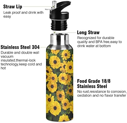 Glaphy Sarı Papatya Çiçeği Hasır Kapaklı Su Şişesi, BPA İçermez, 20 oz Su Şişeleri Yalıtımlı Paslanmaz Çelik, Okul,