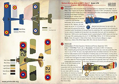 Çıkartma Uçak Balon Avı ASLAR WW I Bölüm 3-Belçika, ABD ve İngiliz İmparatorluğu 1/72 baskı ÖLÇEĞİ 72-226
