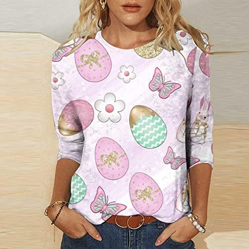 Giysileri 3/4 Kollu Ekip Boyun Grafik Mutlu Hediye Brunch Paskalya Üst Tee Kızlar için Sonbahar Yaz Pamuklu T Shirt