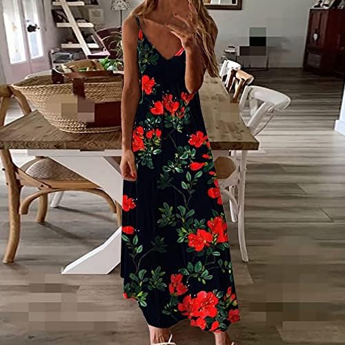 Kadın 2023 İlkbahar yaz elbisesi Çiçek Spagetti Kayışı V Boyun Kolsuz Gevşek Maxi Hawaii Plaj Elbiseleri