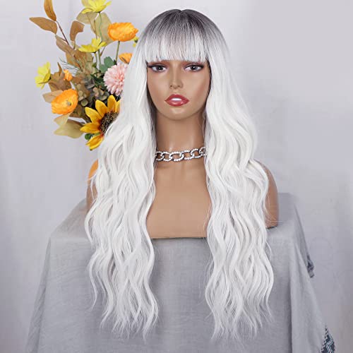 AISI QUEENS Beyaz Peruk Kadınlar için, Ombre Beyaz kahküllü peruk Uzun Dalgalı Peruk Saç Koyu Kök Sentetik Peruk ısıya